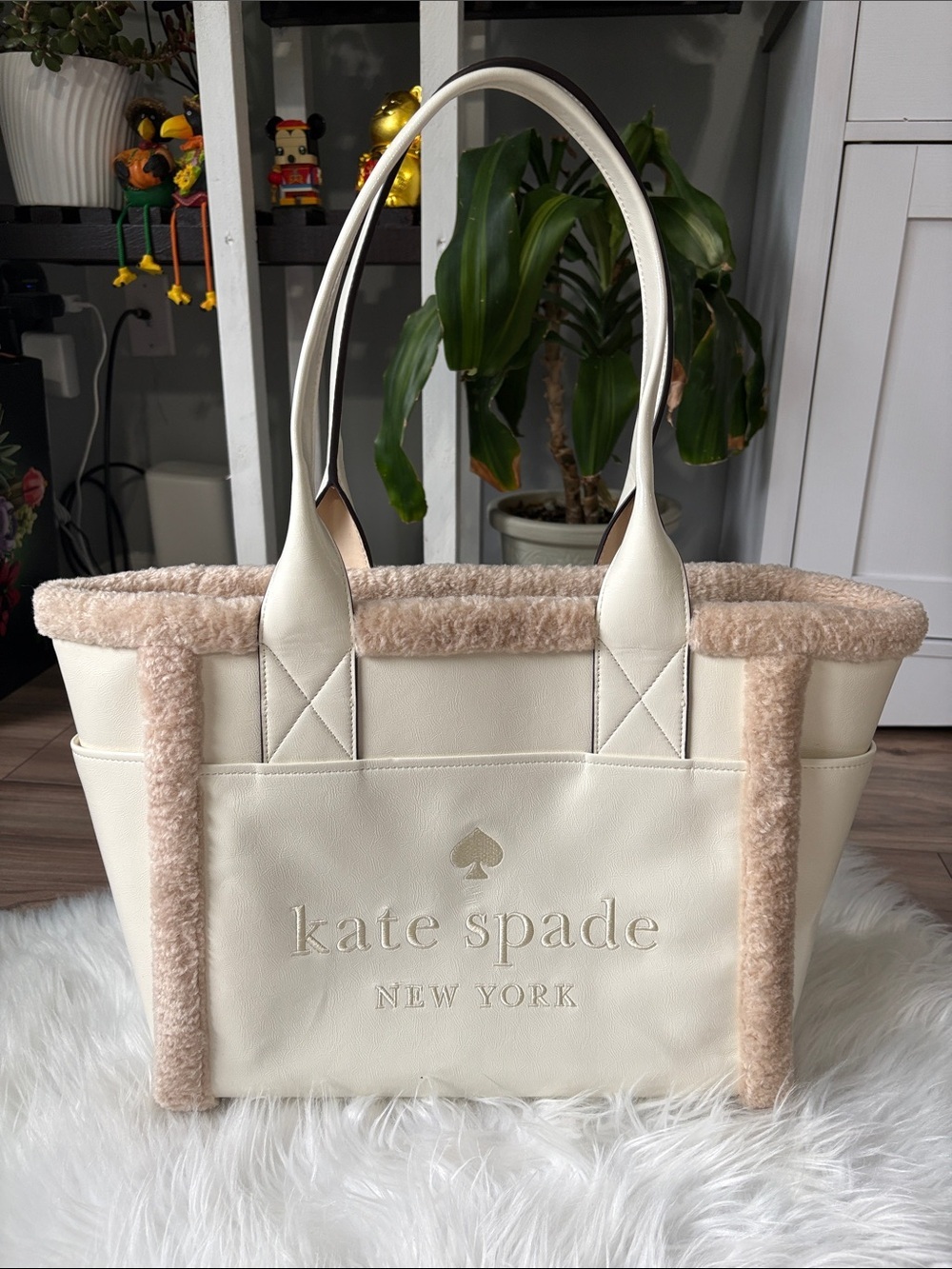 Large Kate Spade Jett Faux Shearling Tote in Meringue
